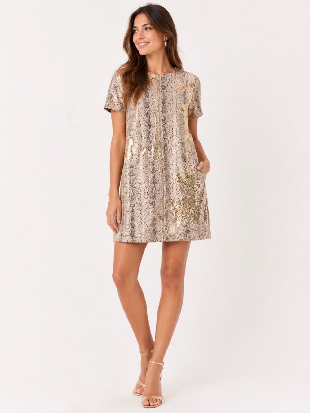 Karlie Sequin Snake-Print Mini Dress, Size Large